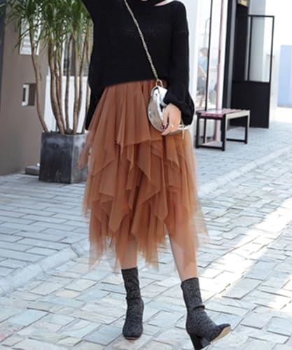 Reaowazo Tulle Skirts for Women Midi Long Fairy Skirt Tutu A-Line Mesh Layered High Elastic Waist Halloween Skirts Brown One Size - Image 4