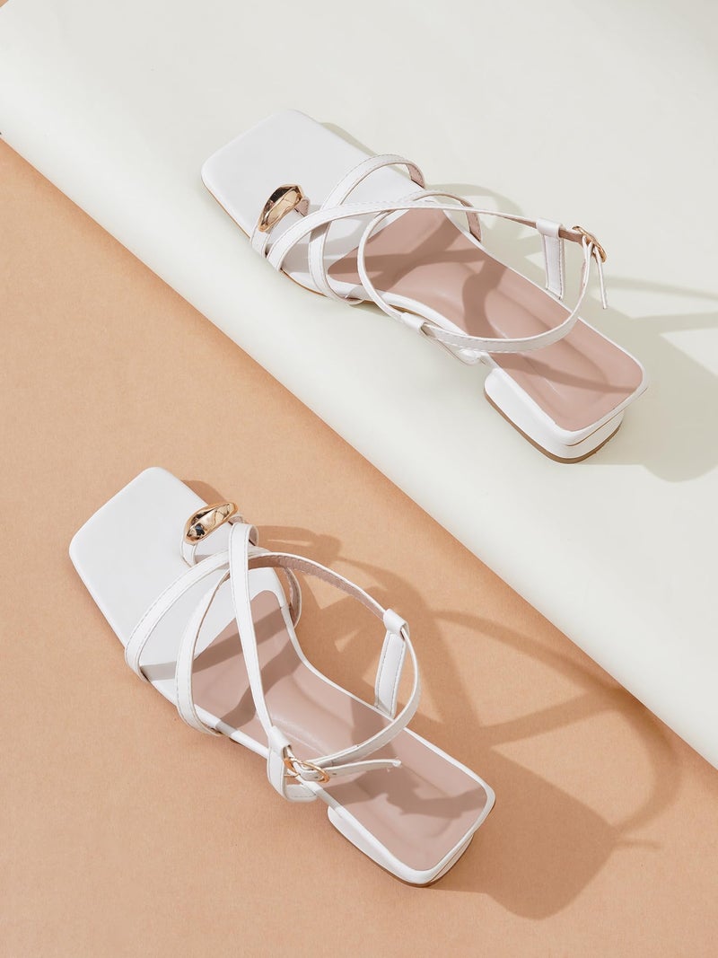 NZS Women’s White Block Heel Slip-On Sandals Stylish |Comfortable Heel Party Footwear Heels with Ankle Strap Design EU38 - Image 5