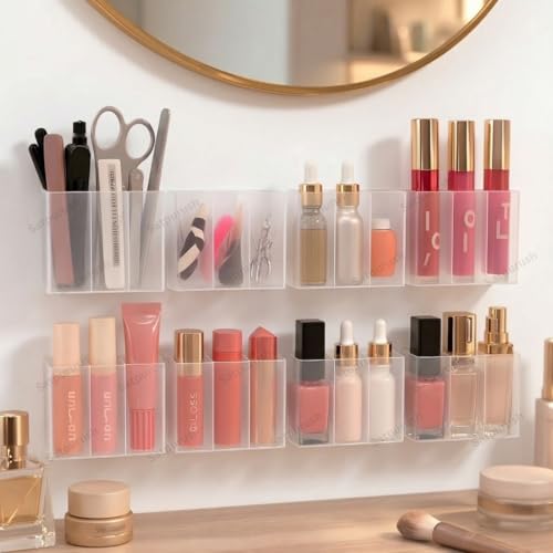 Satpurush Three-Grid Wall-Mounted Compartment Box, Self-Adhesive Punch-Free Makeup Organisers, Dressing Table Organiser for Brushes, Lipsticks, Cabinet Storage Box (Three-Grid Wall- Box(Pack of 6)) - Image 2