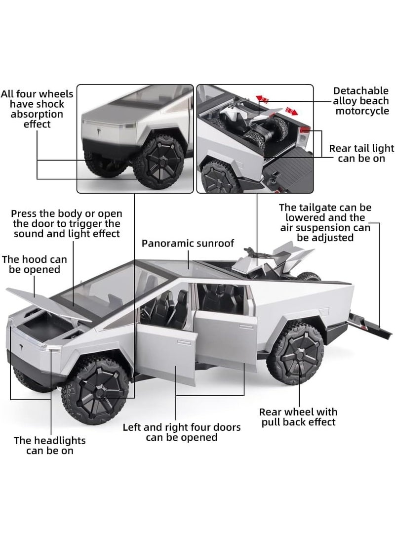 سمارتكس شاحنة بيك أب سايبرترك مع سيارة ترفيهية ودراجة نارية - سيارة معدنية مصبوبة بمقياس 1:24 مع أضواء وصوت وحركة سحب للخلف - هدية عيد ميلاد للأطفال والكبار، رائعة لهواة الجمع - Image 5