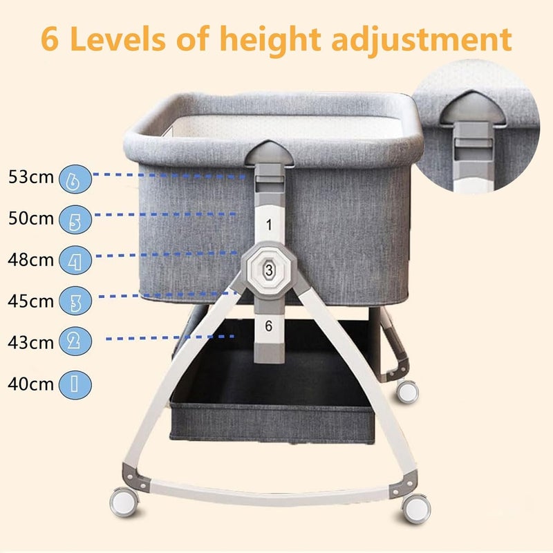 TDOO 4 in 1Baby Crib Baby Bassinet Bedside Sleeper, 6 Adjustable Height Cosleeper for Baby, Easy Folding Portable Baby Bed Rocking Bassinets with Comfy Mattress Mosquito Net Storage for Infant Newborn - Image 3