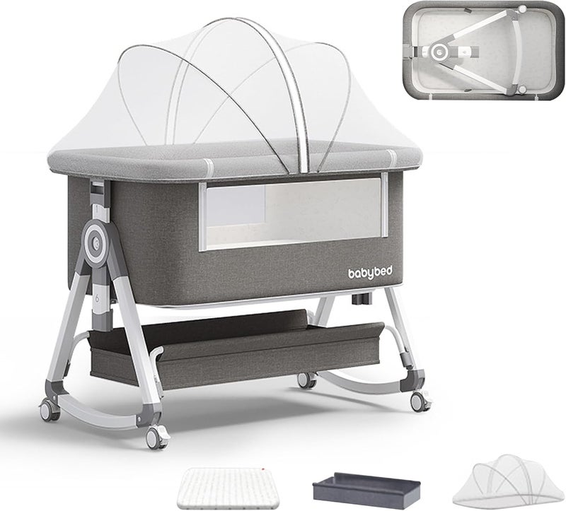 TDOO 4 in 1Baby Crib Baby Bassinet Bedside Sleeper, 6 Adjustable Height Cosleeper for Baby, Easy Folding Portable Baby Bed Rocking Bassinets with Comfy Mattress Mosquito Net Storage for Infant Newborn - Image 1