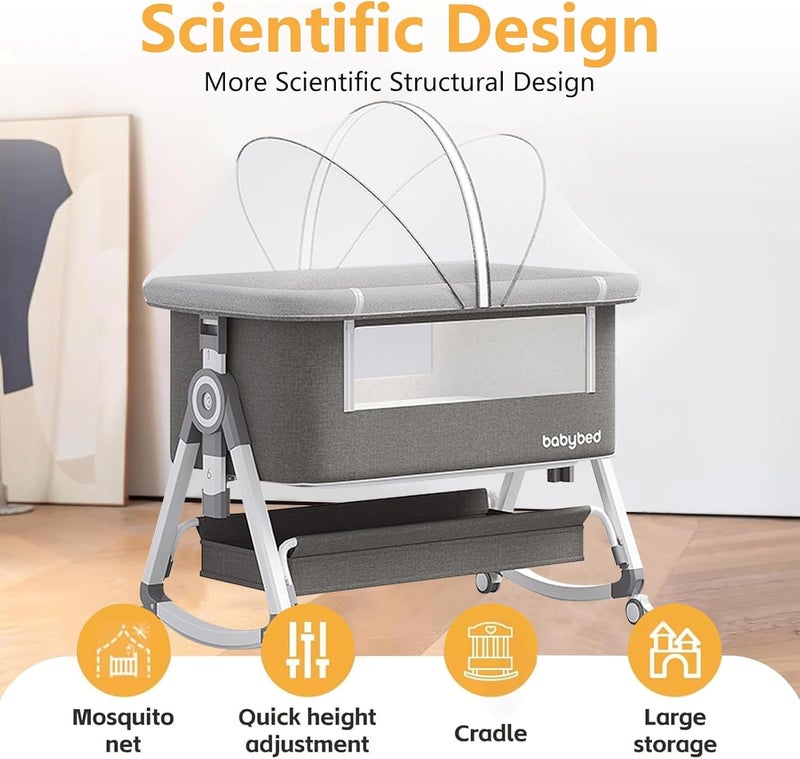 TDOO 4 in 1Baby Crib Baby Bassinet Bedside Sleeper, 6 Adjustable Height Cosleeper for Baby, Easy Folding Portable Baby Bed Rocking Bassinets with Comfy Mattress Mosquito Net Storage for Infant Newborn - Image 4