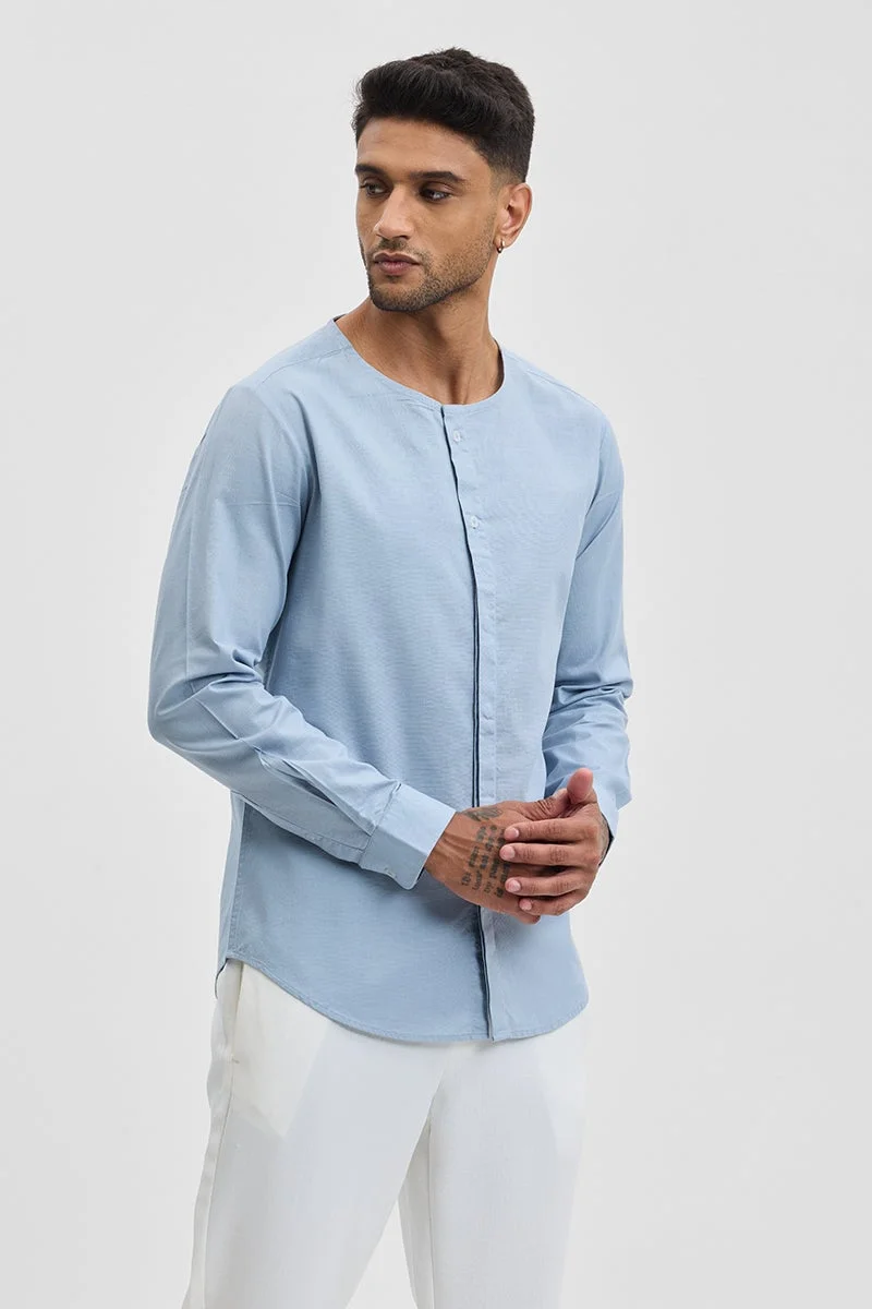سنيتش Light Blue Solid Long Sleeve Slim Fit Casual Shirt