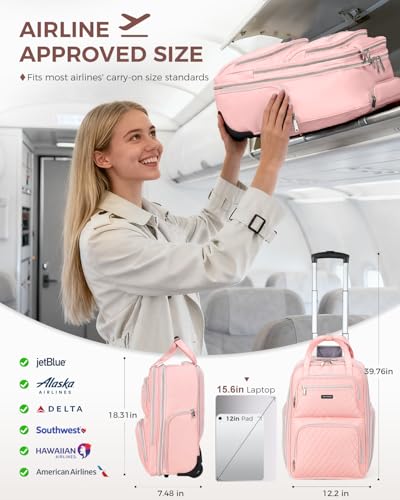 Ponhog Rolling Backpack for Women 156 Inch Travel Laptop Wheeled Backpack 30L Roller Carry On Backpack for Adults Business College Work Overnight Stylish Personal Item Pink - Image 3