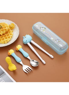Generic Children's 304 Stainless Steel Portable Tableware Cartoon Spoon Fork Learning And Training Chopsticks Dinosaur Baby Fork Spoon Set-Specifications:Tableware-Color:[Trumpet] Blue Handle Unicorn Fork Spoon + Chopsticks Three-piece Set  - Image 1