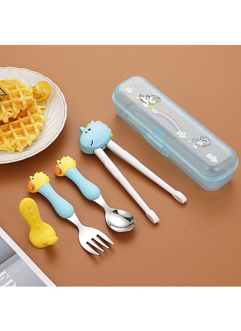 Children's 304 Stainless Steel Portable Tableware Cartoon Spoon Fork Learning And Training Chopsticks Dinosaur Baby Fork Spoon Set-Specifications:Tableware-Color:[Trumpet] Blue Handle Unicorn Fork Spoon + Chopsticks Three-piece Set