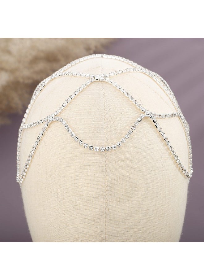 YERTTER Wedding Silver Rhinestone Mesh Chain Head Cap Layered Tennis Chain 20S Head Accessories Jewelry Crystal Headband Headpiece Boho Hair Accessories For Women Brides Prom Costume(Silver 3)  - Image 3