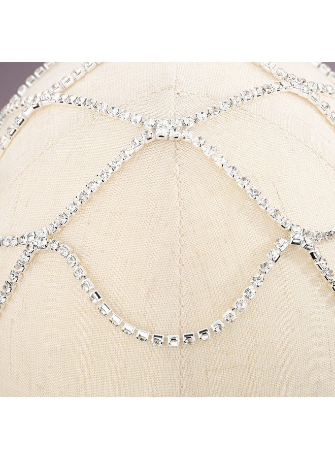 YERTTER Wedding Silver Rhinestone Mesh Chain Head Cap Layered Tennis Chain 20S Head Accessories Jewelry Crystal Headband Headpiece Boho Hair Accessories For Women Brides Prom Costume(Silver 3)  - Image 5