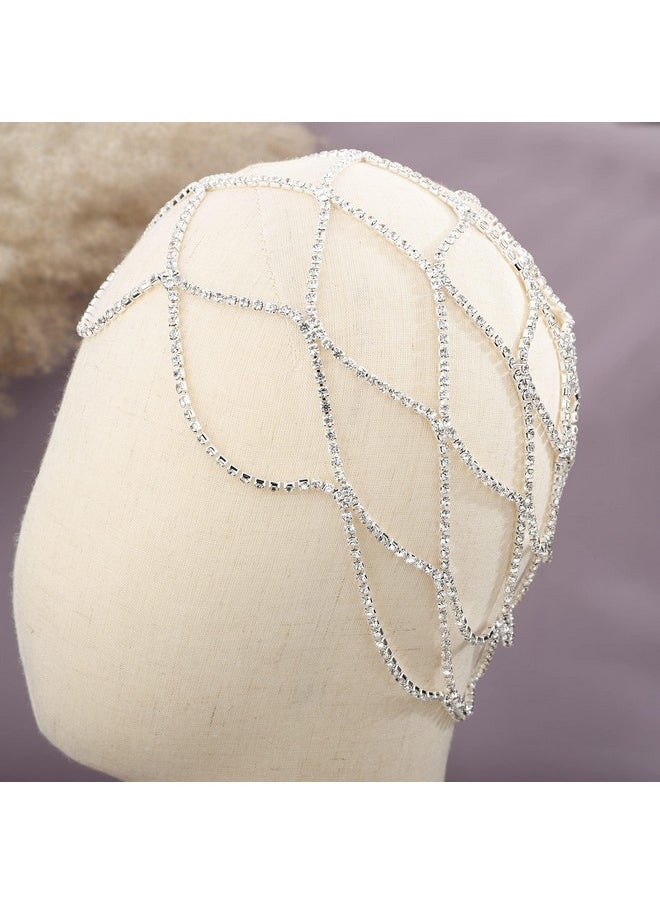 YERTTER Wedding Silver Rhinestone Mesh Chain Head Cap Layered Tennis Chain 20S Head Accessories Jewelry Crystal Headband Headpiece Boho Hair Accessories For Women Brides Prom Costume(Silver 3)  - Image 4