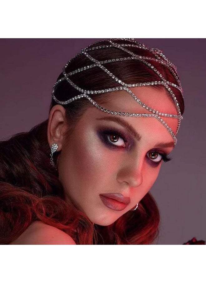YERTTER Wedding Silver Rhinestone Mesh Chain Head Cap Layered Tennis Chain 20S Head Accessories Jewelry Crystal Headband Headpiece Boho Hair Accessories For Women Brides Prom Costume(Silver 3)  - Image 2
