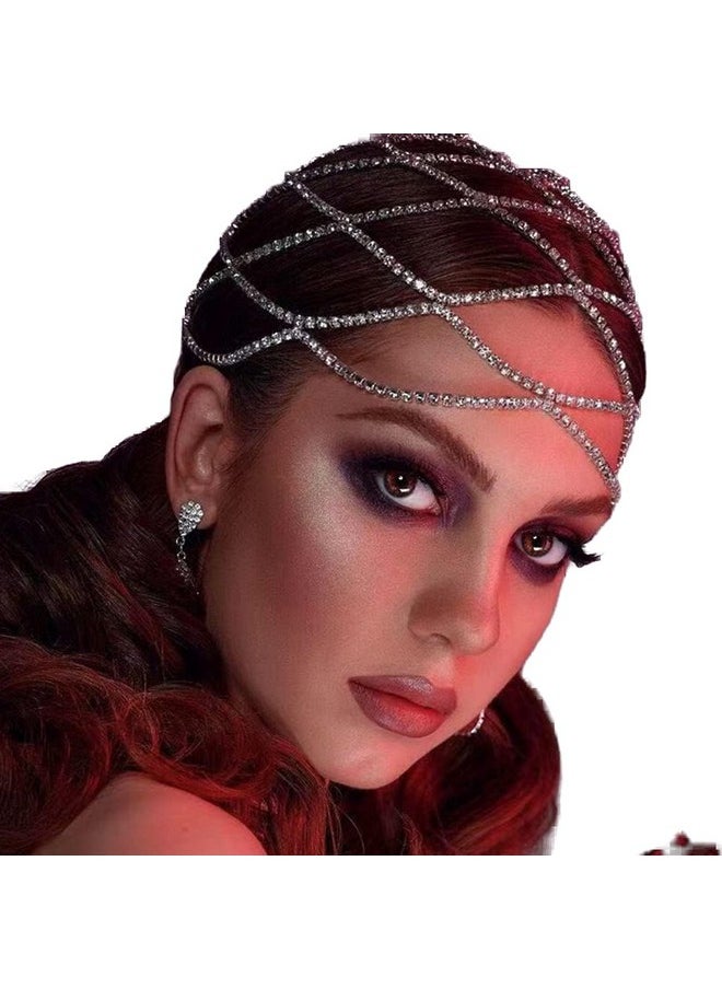 YERTTER Wedding Silver Rhinestone Mesh Chain Head Cap Layered Tennis Chain 20S Head Accessories Jewelry Crystal Headband Headpiece Boho Hair Accessories For Women Brides Prom Costume(Silver 3)  - Image 1
