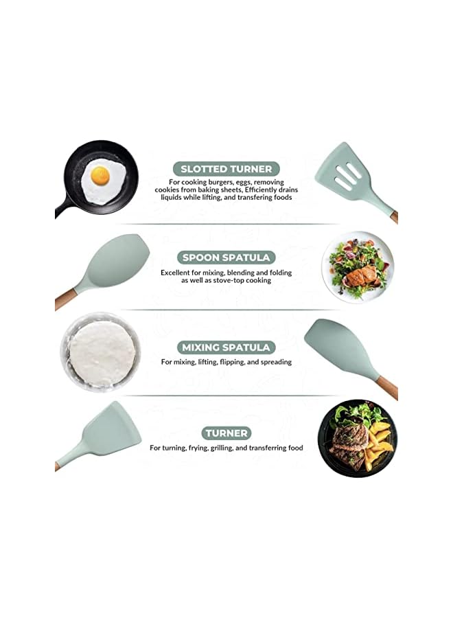 erorex Monoptilon Silicone Cooking Utensils Set of 11 Pieces Nonstick Cookware with Storage Bucket, Heat Resistant Kitchen Untensils Set with Nature Wood Handles (Green)  - Image 4