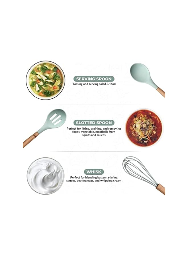 erorex Monoptilon Silicone Cooking Utensils Set of 11 Pieces Nonstick Cookware with Storage Bucket, Heat Resistant Kitchen Untensils Set with Nature Wood Handles (Green)  - Image 5