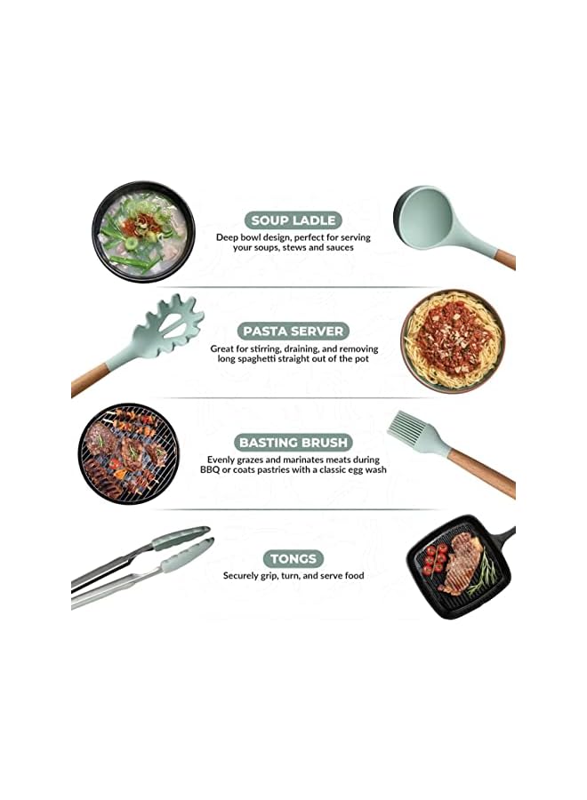 erorex Monoptilon Silicone Cooking Utensils Set of 11 Pieces Nonstick Cookware with Storage Bucket, Heat Resistant Kitchen Untensils Set with Nature Wood Handles (Green)  - Image 3