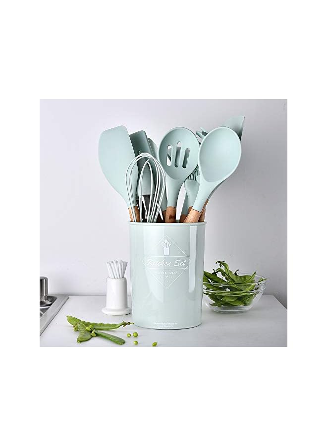 erorex Monoptilon Silicone Cooking Utensils Set of 11 Pieces Nonstick Cookware with Storage Bucket, Heat Resistant Kitchen Untensils Set with Nature Wood Handles (Green)  - Image 2