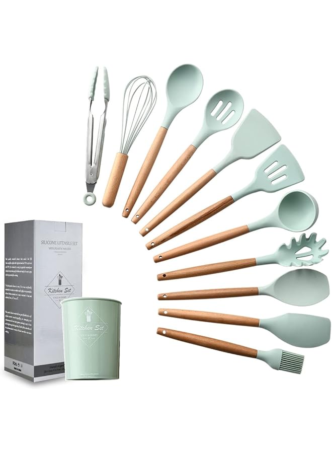 erorex Monoptilon Silicone Cooking Utensils Set of 11 Pieces Nonstick Cookware with Storage Bucket, Heat Resistant Kitchen Untensils Set with Nature Wood Handles (Green)  - Image 1