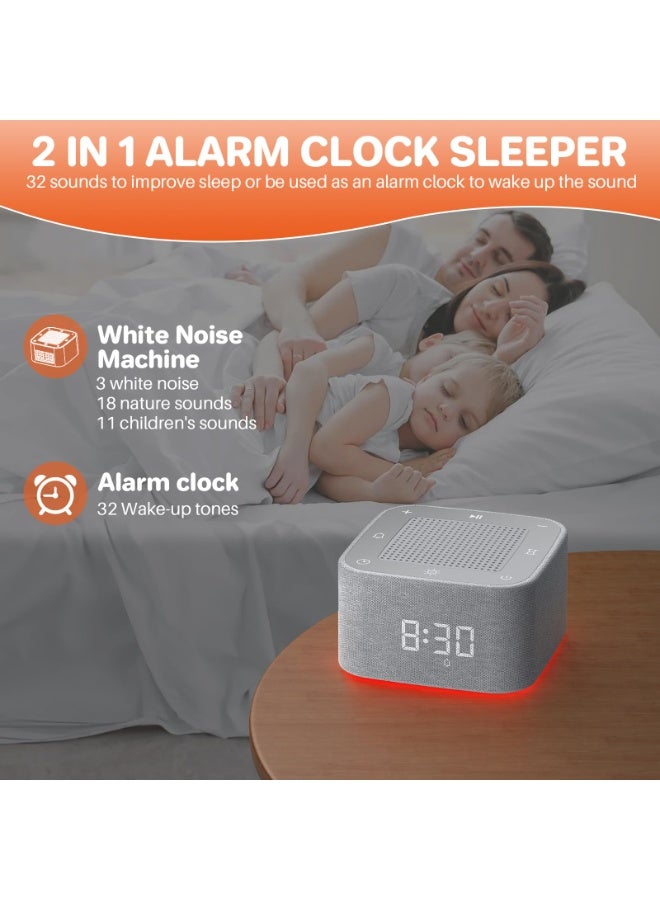 Flushrenic 3-in-1 white noise speaker with 32 different sounds, alarm clock and night light, bedroom alarm clock with wireless speaker, application control, dimmable clock, baby, child, adult noise machine - Image 3