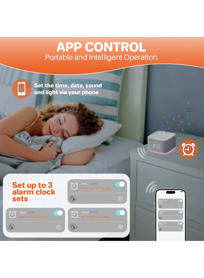 Flushrenic 3-in-1 white noise speaker with 32 different sounds, alarm clock and night light, bedroom alarm clock with wireless speaker, application control, dimmable clock, baby, child, adult noise machine - Image 4