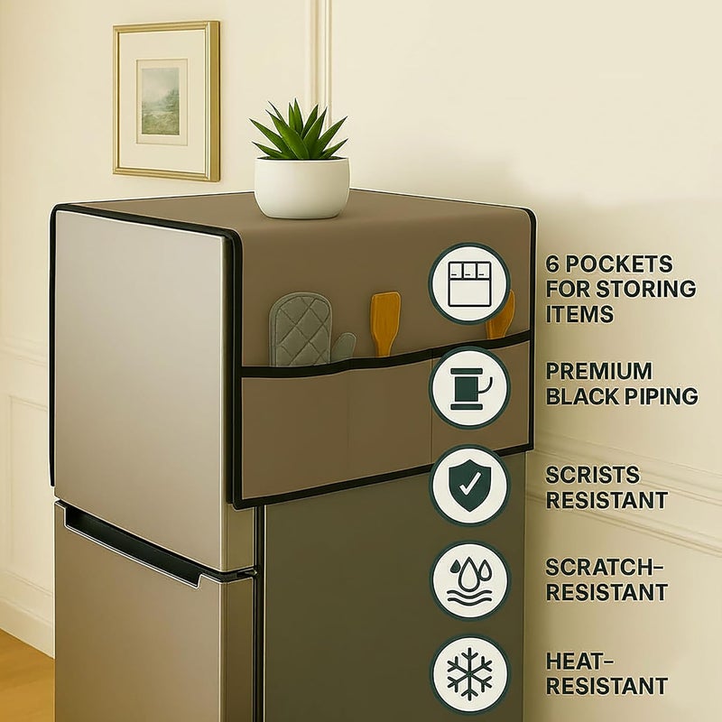 Fancy Walas Refrigerator Single Door Waterproof, Dustproof, Refrigerator Top Cover, Protective Cover for Fridges with Extra Storage Space Nylon Top cover with 6 Storage Pockets ( Brown, 130 x 54 cm ) - Image 4