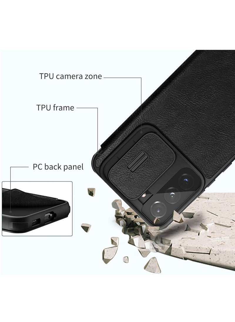 نيلكين - Nillkin for Samsung Galaxy S22 Plus Case with Camera Cover and Card Holder, PU Leather Case with Flip Cover and Slide Camera Protection, Durable Shockproof Cover - Black - Image 1
