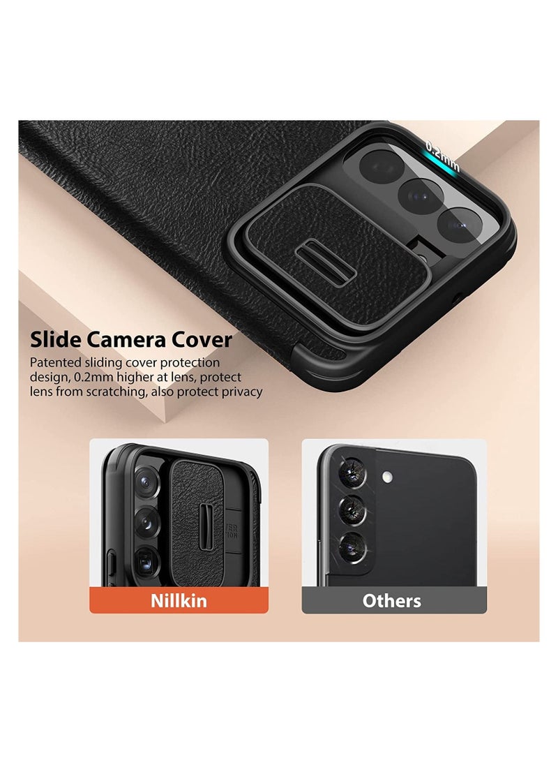 نيلكين - Nillkin for Samsung Galaxy S22 Plus Case with Camera Cover and Card Holder, PU Leather Case with Flip Cover and Slide Camera Protection, Durable Shockproof Cover - Black - Image 1
