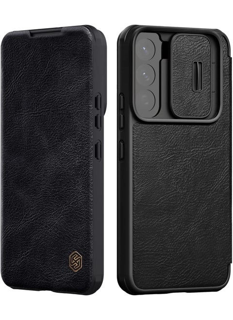 Nillkin for Samsung Galaxy S22 Plus Case with Camera Cover and Card Holder, PU Leather Case with Flip Cover and Slide Camera Protection, Durable Shockproof Cover - Black