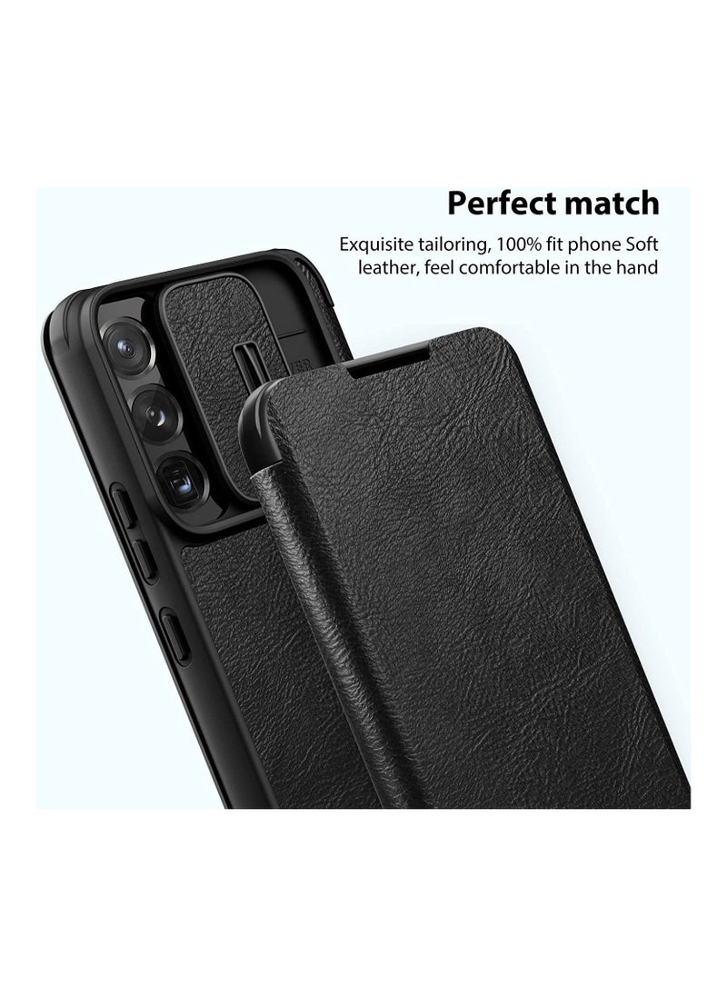 نيلكين - Nillkin for Samsung Galaxy S22 Plus Case with Camera Cover and Card Holder, PU Leather Case with Flip Cover and Slide Camera Protection, Durable Shockproof Cover - Black - Image 1