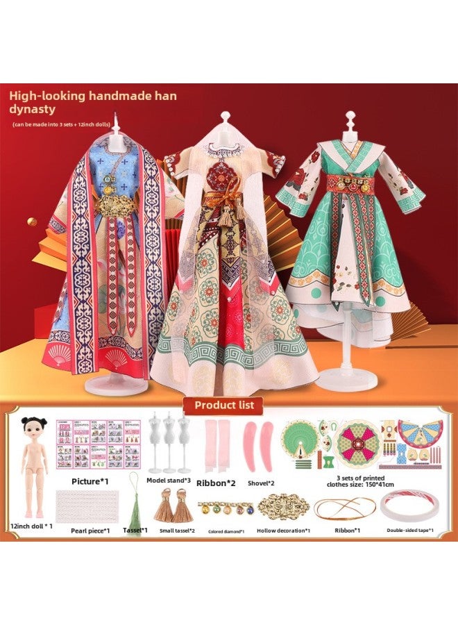 ألعاب الأطفال اليدوية DIY تصميم الملابس حقيبة المواد Hanfu التعليمية التعليم المبكر الفتيات ألعاب الأطفال بالجملة - اللون: (Dunhuang Dream) 3 مجموعات من الملابس 3 مجموعات من ملحقات الطاولة دمى 30 سم - Image 1