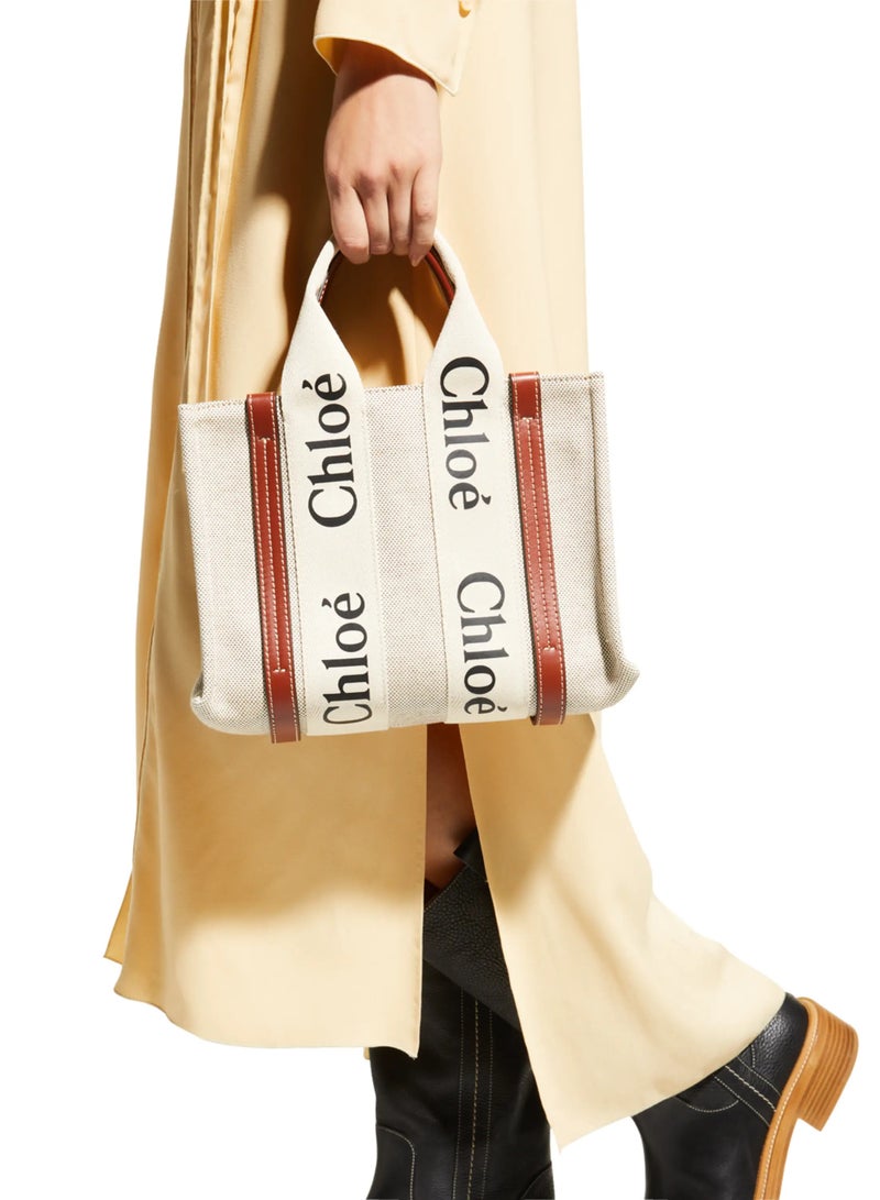 Chloe Woody Small Women Tote Bag in Linen, Women Shoulder Bag, Women Hand Bag, Women's Travel Bag, Women's Shopping Bag, White-Brown - Image 2