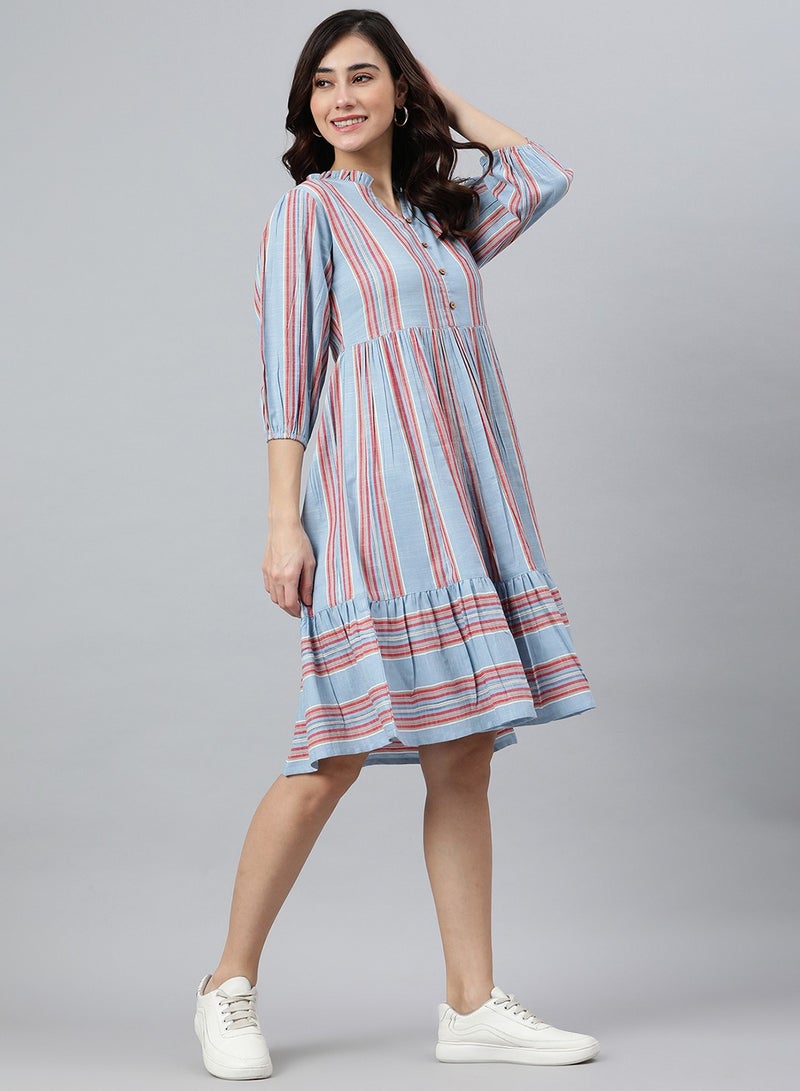 IndHeritage Premium Dress - Latest collection - Pure cotton light blue & light red stripe printed mid calf length dress - Stylish trending Indo Western Dress - Image 2