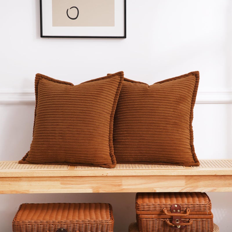 Linecooo Corduroy Dark Brown Throw Pillow Covers Set of 2 Striped Boho Decorative with Edge DesignSuper Soft Throw Pillow Cushion Covers for Couch Sofa Living Room Solid Square 1818inch45cm45cm