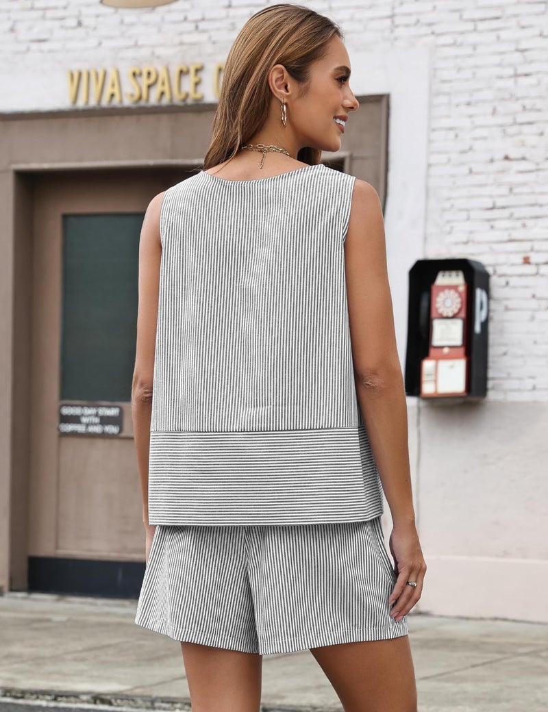 LOMON Women's Trendy 2 Piece Outfits Shorts Sets Summer Crew Neck Sleeveless Tank Top and Bottom Matching with Pockets 2026 - Image 3