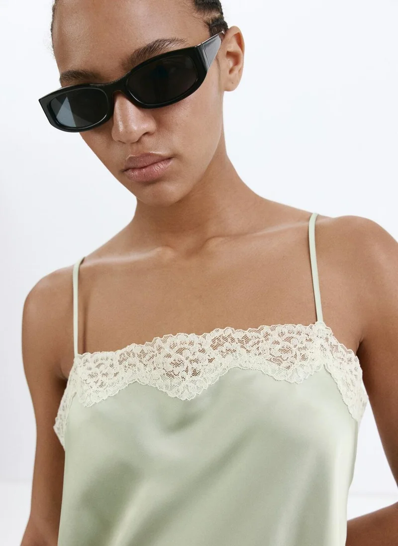 Mango 40-VERDE PASTEL Lace Detail Satin Top for Women | Best Price UAE