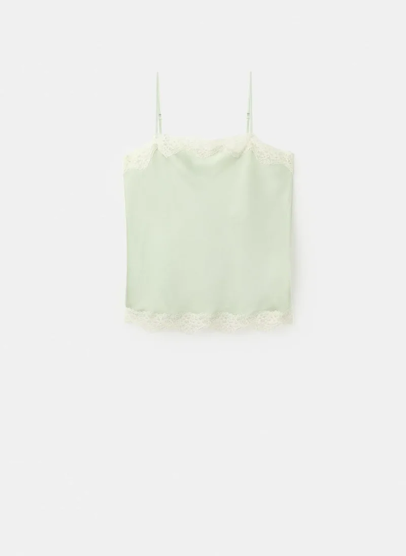 Mango 40-VERDE PASTEL Lace Detail Satin Top for Women | Best Price UAE