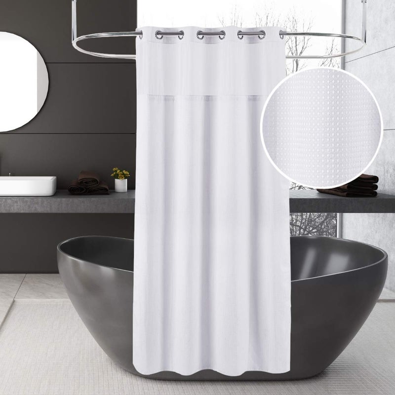 Ecoehoe 71x86 White Waffle Weave Fabric No Hooks Shower Curtain with Removable Polyeste Liner Heavy Duty Bath Curtain with See Through Top Machine Washable