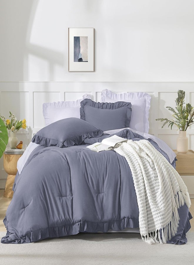 Andency Dark Blue Grey Comforters Queen Size, 3 Pieces Solid Shabby Chic Farmhouse Bedding Comforters & Sets, Lightweight Fluffy All Season Soft Down Alternative Bed Set for Women Men - Image 2