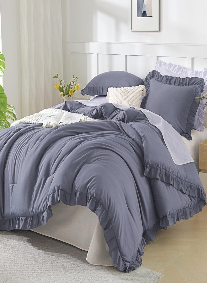 Andency Dark Blue Grey Comforters Queen Size, 3 Pieces Solid Shabby Chic Farmhouse Bedding Comforters & Sets, Lightweight Fluffy All Season Soft Down Alternative Bed Set for Women Men - Image 1