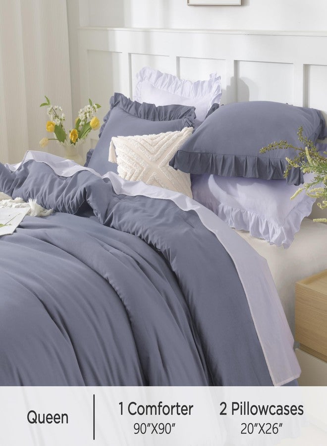 Andency Dark Blue Grey Comforters Queen Size, 3 Pieces Solid Shabby Chic Farmhouse Bedding Comforters & Sets, Lightweight Fluffy All Season Soft Down Alternative Bed Set for Women Men - Image 5