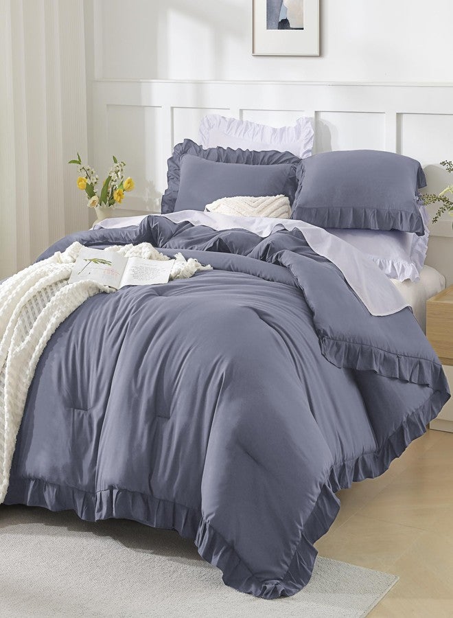 Andency Dark Blue Grey Comforters Queen Size, 3 Pieces Solid Shabby Chic Farmhouse Bedding Comforters & Sets, Lightweight Fluffy All Season Soft Down Alternative Bed Set for Women Men - Image 4