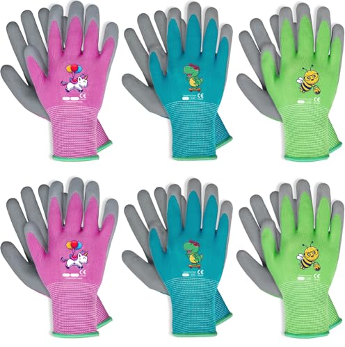 KDK Kids Gardening Gloves Ages 810 Yard Work Gloves for Toddlers Youth Girls Boys Children Soft Safety Rubber Gloves 6 Pairs Green Blue Pink XS - Image 1