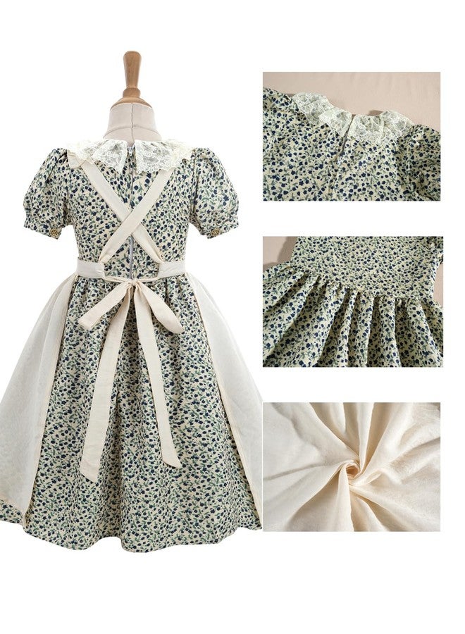 NSPSTT Girls Pioneer Dress Green Floral Colonial Dresses Kids Prairie Costume with Apron,13-14 - Image 5