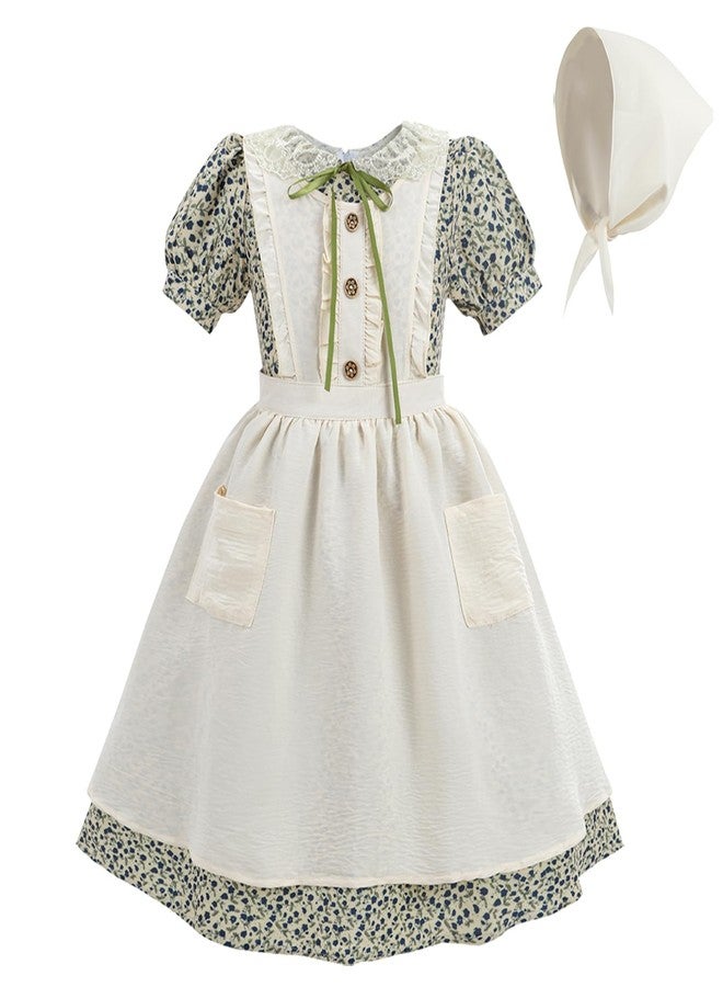 NSPSTT Girls Pioneer Dress Green Floral Colonial Dresses Kids Prairie Costume with Apron,13-14 - Image 1