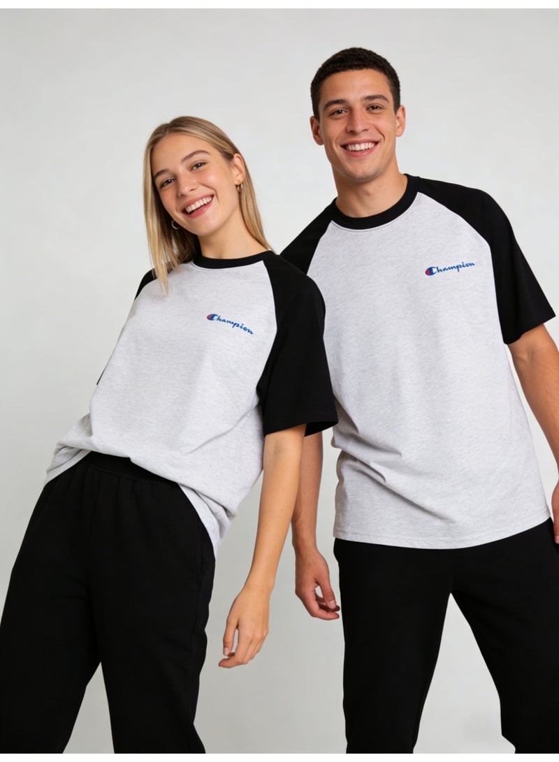شامبيون Champion Classic Script Logo Raglan T-Shirt | Unisex White & Grey Colorblock Short Sleeve Tee - Image 5
