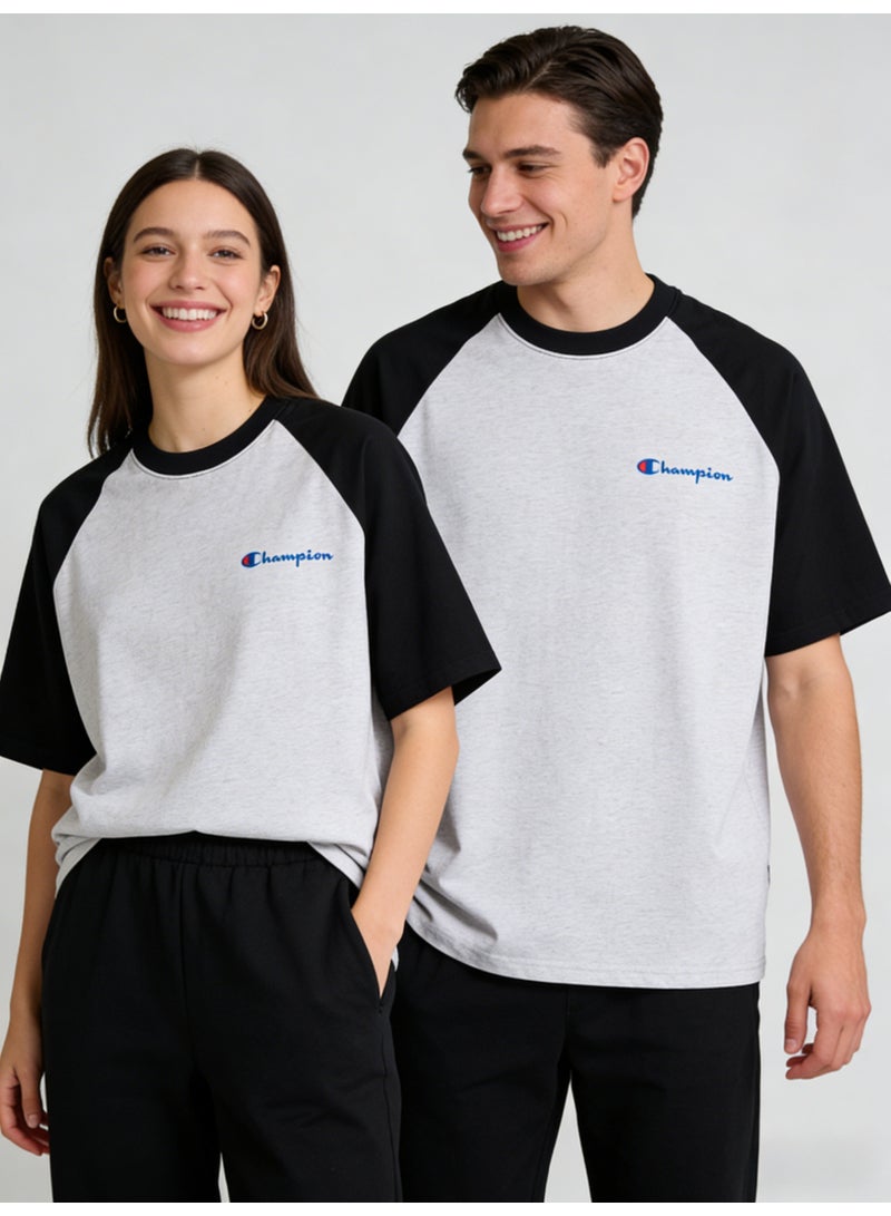 شامبيون Champion Classic Script Logo Raglan T-Shirt | Unisex White & Grey Colorblock Short Sleeve Tee - Image 2