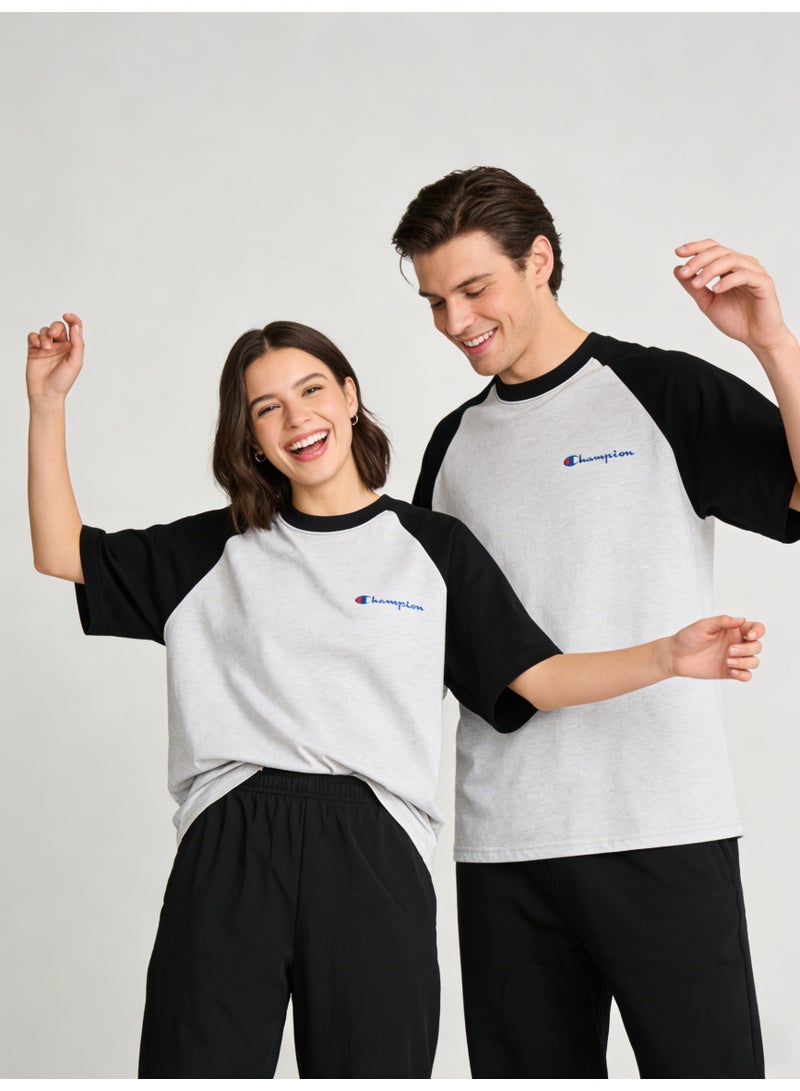 شامبيون Champion Classic Script Logo Raglan T-Shirt | Unisex White & Grey Colorblock Short Sleeve Tee - Image 4