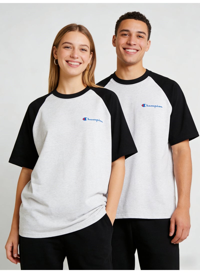 شامبيون Champion Classic Script Logo Raglan T-Shirt | Unisex White & Grey Colorblock Short Sleeve Tee - Image 1