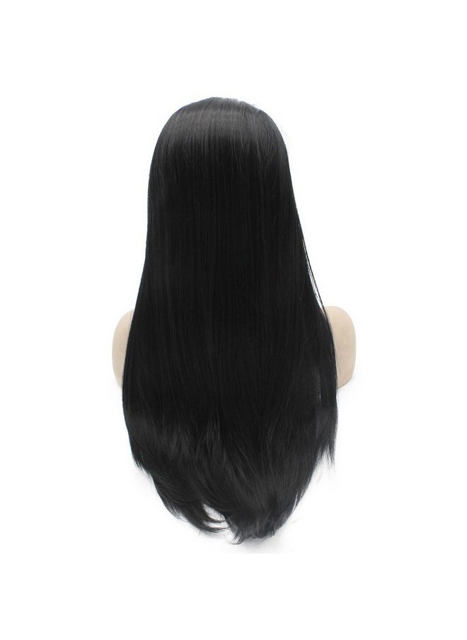 MX angel 24Inch Long Straight Black Lace Front Wig Natural Half Hand Tied Synthetic Fiber Hair Wig At Mxangel  - Image 3