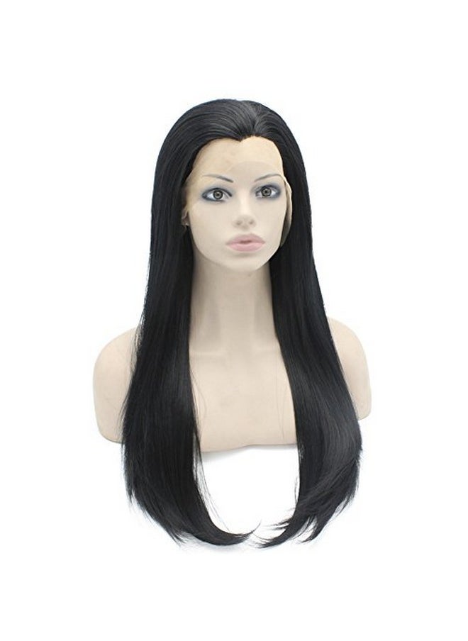 MX angel 24Inch Long Straight Black Lace Front Wig Natural Half Hand Tied Synthetic Fiber Hair Wig At Mxangel  - Image 2