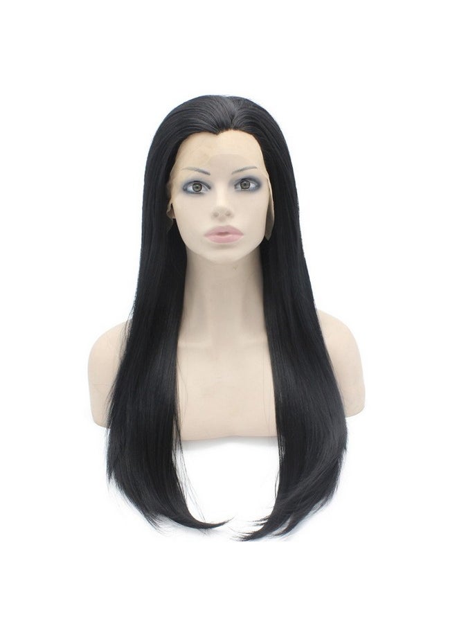 MX angel 24Inch Long Straight Black Lace Front Wig Natural Half Hand Tied Synthetic Fiber Hair Wig At Mxangel  - Image 1
